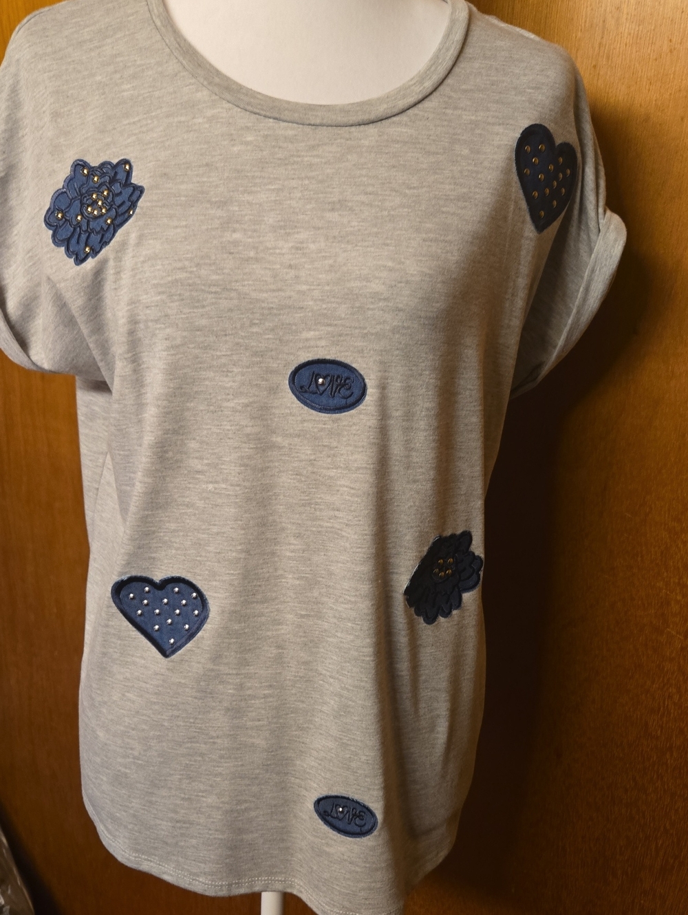 Grey Short-Sleeve Tee with Navy Appliqués